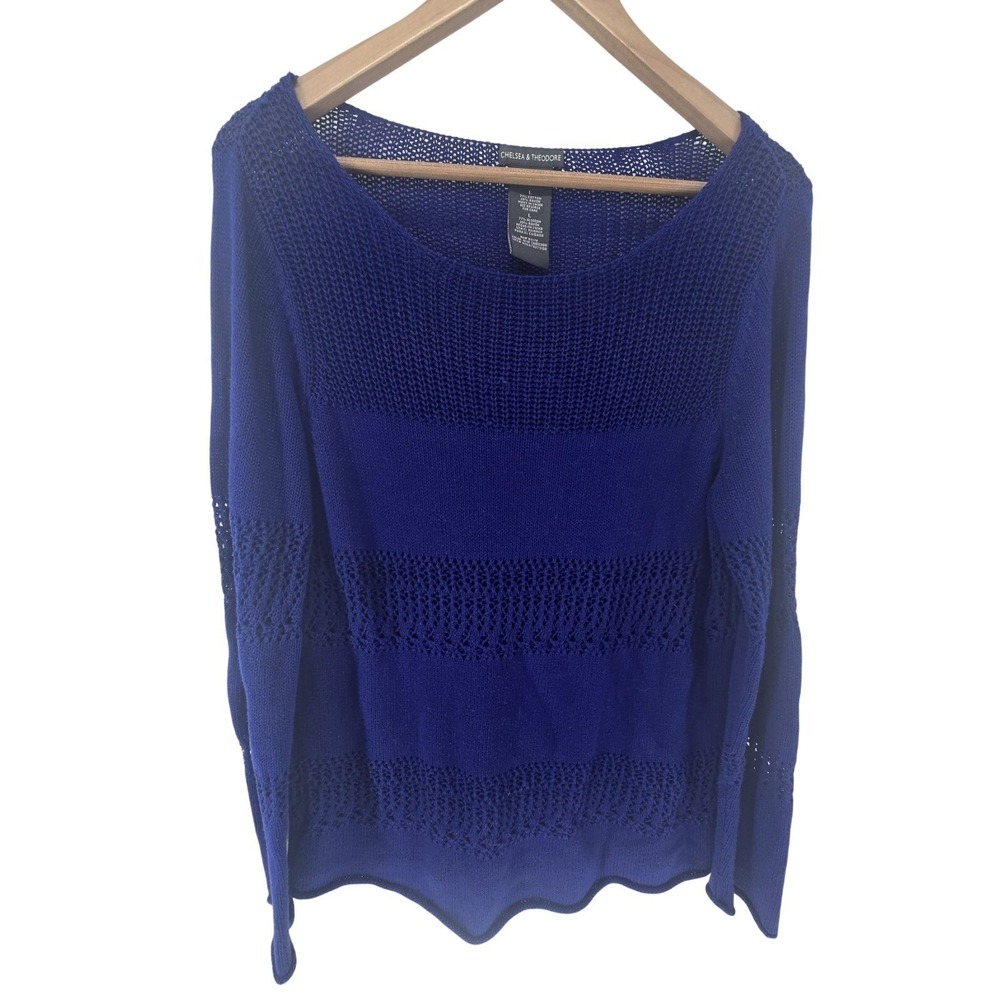 Chelsea & Theodore Sweater Womens Large Blue Cabochon Open Knit Mixed Stitch L